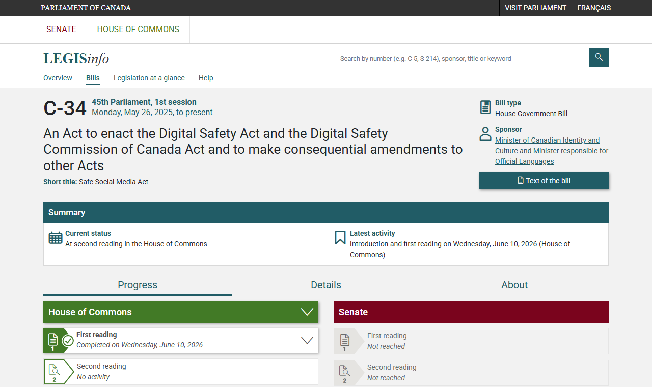 Parliament of Canada LEGISinfo page for Bill C-34, the Safe Social Media Act