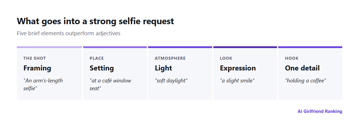 Breakdown of an AI selfie request into framing, setting, light, expression and one detail, each with a sample phrase