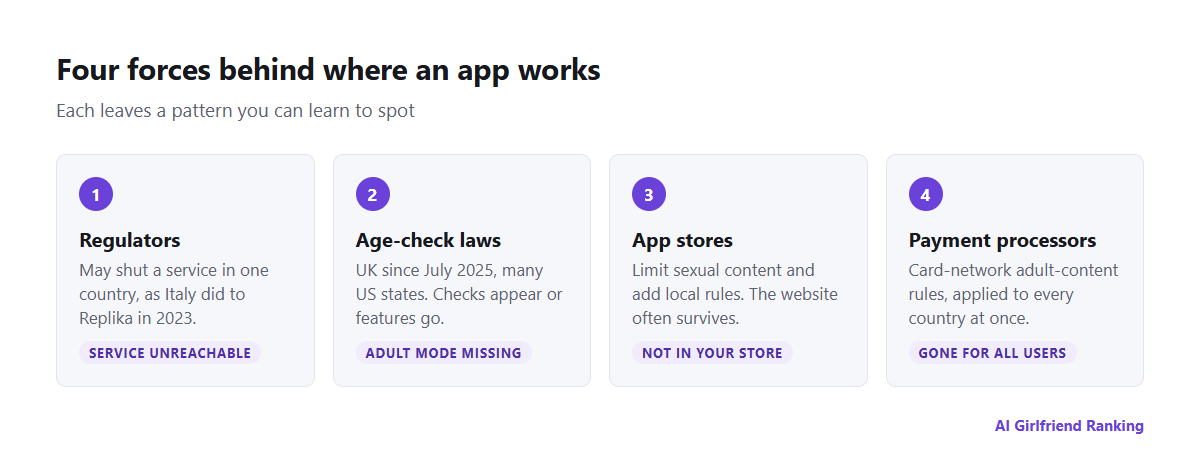 Four forces that limit AI companion apps by country: regulators, age-check laws, app stores and payment processors