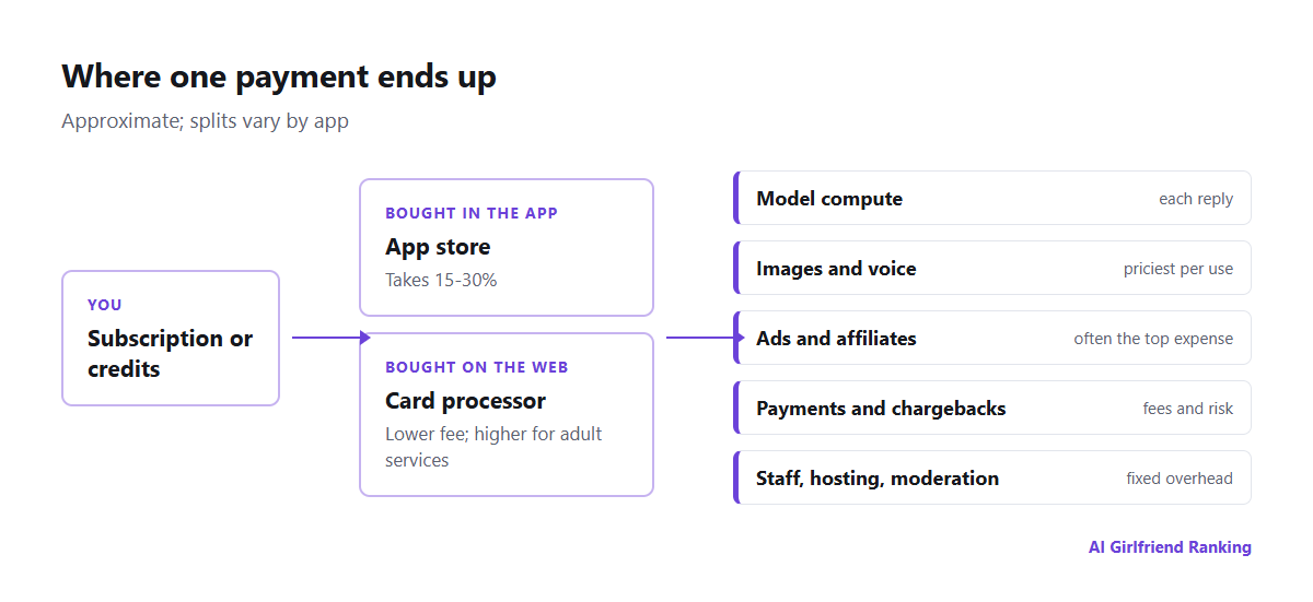 Flow of money in an AI companion app: the user pays via an app store or a web checkout, the store keeps a commission, and the company covers model compute, image and voice generation, payment processing, affiliate commissions and staff