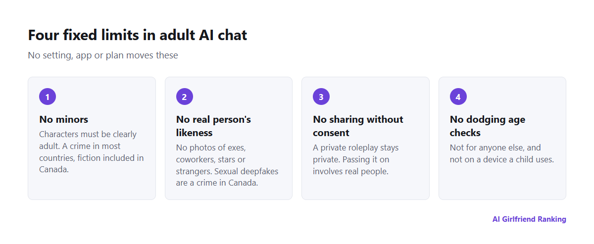Four fixed limits for adult AI chat: no minors, no real person's likeness, no sharing without agreement, and no dodging age checks
