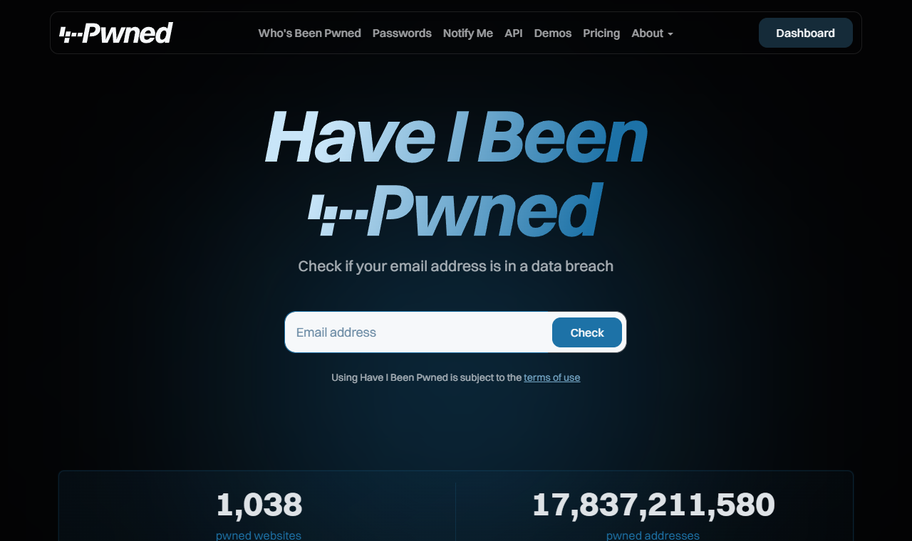 The Have I Been Pwned home page, a free lookup for email addresses found in known breaches