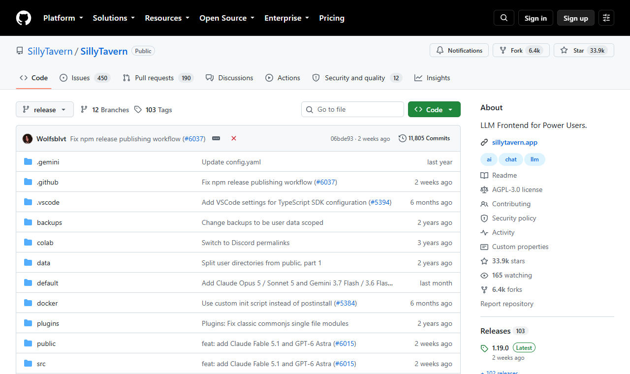 The SillyTavern project page on GitHub
